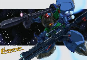 Rule 34 | artist name, battle, bazooka (gundam), beam cannon, commentary request, dom (gquuuuuux), dual wielding, energy gun, gradient background, gun, gundam, gundam 0083, gundam gquuuuuux, holding, holding gun, holding weapon, kin-san (sasuraiga), mecha, mobile suit, multiple legs, no humans, one-eyed, pink eyes, rick dom anaval gato custom, robot, science fiction, solo, thrusters, twitter username, weapon, zeon