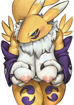 1girl black_sclera blue_eyes breasts colored_sclera colored_skin commentary cowboy_shot detached_sleeves digimon digimon_(creature) english_commentary fox_girl furry furry_female grabbing_own_breast highres large_breasts looking_at_viewer multicolored_skin neck_fur nipples nude puchirisu purple_sleeves renamon simple_background sitting solo two-tone_skin white_background white_skin yellow_skin yin_yang yin_yang_print