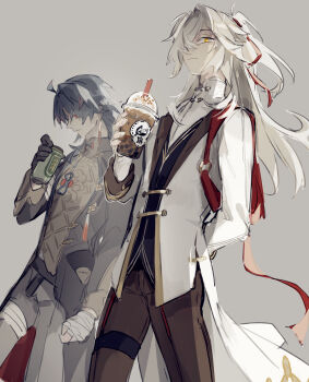 alternate_costume bandages blade_(honkai:_star_rail) blue_hair bubble_tea chinese_clothes cup disposable_cup hair_over_one_eye highres holding honkai:_star_rail honkai_(series) jing_yuan long_hair long_sleeves looking_down male_focus mississipping multiple_boys pants ponytail red_ribbon ribbon tassel white_hair yellow_eyes