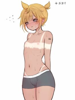 Rule 34 | 1boy, ahoge, arm tattoo, arms behind back, averting eyes, azulasi, bikini tan, black male underwear, blonde hair, blue eyes, blush, boxers, bulge, collarbone, commentary, cowboy shot, flying sweatdrops, high ponytail, highres, kagamine len, male focus, male underwear, navel, nipples, number tattoo, ponytail, revealing tanlines, short hair, short ponytail, sidelocks, simple background, solo, standing, stomach, sweat, sweatdrop, tan, tanline, tanlines, tattoo, tearing up, thighs, translation request, trap, underwear, vocaloid, white background