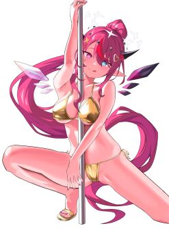 1girl :q absurdres arm_up between_breasts bikini black_horns blue_eyes breasts commentary crystal_wings detached_wings double_halo feet gold_bikini hair_between_eyes hair_ornament halo heart heart_hair_ornament heterochromia high_ponytail highres hololive hololive_english horns irys_(hololive) long_hair looking_at_viewer multicolored_hair pink_eyes pointy_ears pole pole_dancing ponytail purple_hair red_streaks shift_(shiftillust) side-tie_bikini_bottom sidelocks simple_background solo star_halo streaked_hair stripper_pole swept_bangs swimsuit toes tongue tongue_out very_long_hair virtual_youtuber white_background wings