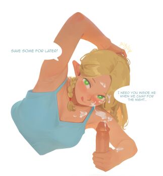 1boy 1girl absurdres after_handjob ai-assisted arm_up armpit_crease armpits artist_name blonde_hair blue_camisole braid camisole closed_mouth cum cum_on_body cum_on_hair dungeon_meshi elf english_text erection facial green_eyes hand_on_own_head handjob hetero highres licking_lips looking_at_viewer marcille_donato multiple_braids penis penis_grab pitslip pointy_ears pov pov_crotch presenting_armpit smile speech_bubble talking tongue tongue_out uncensored