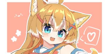 1girl absurdres ahoge animal_ear_fluff animal_ears aqua_eyes blue_sailor_collar bow bowtie commentary_request cropped dog_ears dog_girl fang hair_between_eyes hair_ornament hairclip haru_(toramaru2001710) heart highres light_blush long_hair looking_at_viewer multicolored_hair open_mouth orange_hair original red_background red_bow red_bowtie sailor_collar shirt sidelocks skin_fang sleeveless sleeveless_shirt smile solo spoken_heart toramaru2001710 two-tone_hair white_hair white_shirt x_hair_ornament