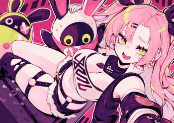 1girl :d amillion_(zenless_zone_zero) bangboo_(zenless_zone_zero) breasts cleavage crop_top denim denim_shorts earrings eous_(zenless_zone_zero) fur-trimmed_shorts fur_trim green_eyes hair_ornament hairclip heart heart_earrings jewelry large_breasts long_hair looking_at_viewer midriff mole mole_under_eye navel nicole_demara o-ring o-ring_thigh_strap open_mouth outstretched_arm parororo pink_background pink_hair selfie short_shorts shorts single_thighhigh smile stomach thigh_strap thighhighs two_side_up very_long_hair zenless_zone_zero