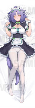 1girl absurdres animal_ear_fluff animal_ears apron arms_up black_dress breasts cat_ears cat_girl cat_tail cinnamon_(nekopara) cleavage clothes_lift dakimakura_(medium) dress dress_lift feet full_body highres kaguya_white_rabbit large_breasts legs long_hair lying maid_headdress nekopara no_shoes on_back panties panties_under_pantyhose pantyhose ponytail purple_hair ribbon sample_watermark short_dress solo tail thighs toes underwear waist_apron watermark white_apron white_panties white_pantyhose wrist_cuffs yellow_eyes