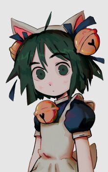 1girl absurdres ahoge animal_hat apron bell blue_ribbon cat_hat closed_mouth dejiko di_gi_charat fffkorobka green_eyes green_hair hair_bell hair_between_eyes hair_ornament hashtag-only_commentary hat highres puffy_short_sleeves puffy_sleeves ribbon short_hair short_sleeves simple_background solo white_apron