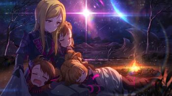 4girls armor blanket brown_hair campfire closed_eyes comet futami_ami futami_mami game_cg gloves holding idolmaster idolmaster_million_live! idolmaster_million_live!_theater_days lying momose_rio mountain multiple_girls official_art open_mouth orange_hair pants pauldrons pink_eyes planet shoulder_armor sky sleeping star_(sky) starry_sky sun takatsuki_yayoi tree twintails