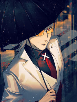 1boy absurdres black_shirt closed_mouth collared_shirt crosswalk hand_up highres holding holding_umbrella jacket lapels long_sleeves looking_at_viewer male_focus mullet necktie notched_lapels orange-tinted_eyewear outdoors puddle rain red_eyes red_necktie reflection reflective_liquid shirt short_hair smile softymuii solo sunglasses tinted_eyewear to_be_hero to_be_hero_x umbrella upper_body vest white_hair white_jacket white_vest wing_collar x_(to_be_hero_x) x_ornament