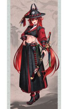 1girl arm_belt belt beonggeoji black_belt black_boots black_choker black_hat black_skirt boots breasts choker commentary_request cropped_hanbok fang full_body goddess_of_victory:_nikke hair_between_eyes hair_flaps hanbok hand_on_sheath hat hat_rope highres korean_clothes korean_commentary large_breasts layered_skirt long_hair long_skirt long_sleeves looking_at_viewer midriff multicolored_boots navel panty_straps pillarboxed puffy_long_sleeves puffy_sleeves red_hair red_hood_(nikke) red_skirt revision scabbard sheath skin_fang skirt solo standing trhisell two-tone_skirt underboob very_long_hair yellow_eyes