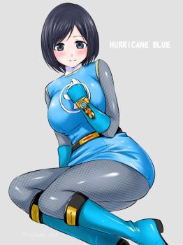 1girl abe_tsukumo black_eyes blue_boots blush bodysuit boots breasts brown_hair gloves grey_background grey_bodysuit grey_eyes highres hurricane_blue large_breasts ninja ninpuu_sentai_hurricanger nono_nanami shiny_clothes short_hair solo super_sentai tokusatsu