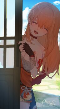 1girl absurdres alternate_hairstyle aooni_09 arm_tattoo bandaged_arm bandages bare_shoulders blue_sky breasts chest_sarashi choker cleavage cloud cloudy_sky facing_viewer genshin_impact hand_wraps highres japanese_clothes long_hair open_mouth orange_hair red_choker sarashi sky smile solo tattoo teeth upper_teeth_only yoimiya_(genshin_impact)