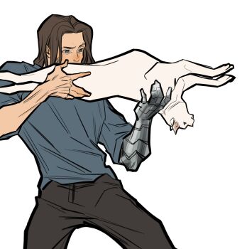 1boy animal black_pants brown_hair bucky_barnes captain_america:_the_winter_soldier captain_america_(series) cat cowboy_shot furrowed_brow grey_shirt highres holding holding_animal holding_cat holding_weapon irispardom laser_cats_(meme) male_focus marvel mechanical_arms medium_hair meme pants parted_lips prosthesis prosthetic_arm shirt single_mechanical_arm solo upside-down weapon white_background white_cat winter_soldier