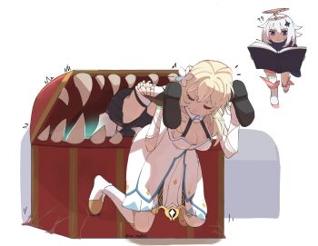 1boy 2girls ? ?? absurdres arm_cutout black_bodysuit black_sandals black_scarf black_shorts blonde_hair blue_flower blue_trim bodysuit book breasts cleavage closed_mouth clothing_cutout collarbone commentary crack detached_sleeves diamond_hair_ornament doll_joints dress english_commentary eyelashes floating flower frown genshin_impact hair_flower hair_ornament hakama hakama_shorts half-closed_eyes halo halterneck highres holding holding_another's_leg holding_book japanese_clothes joints kimono large_breasts leg_warmers levitation looking_down lumine_(genshin_impact) mechanical_halo mimic mimic_chest multicolored_flower multiple_girls nee_madiiiii notice_lines open_book paimon_(genshin_impact) pink_halo pleated_shorts sandals scaramouche_(genshin_impact) scarf short_hair short_hair_with_long_locks shorts sidelocks single_thighhigh sweatdrop thighhighs twitter_username vambraces wanderer_(genshin_impact) white_dress white_flower white_hair white_kimono white_leg_warmers white_sleeves white_thighhighs zouri