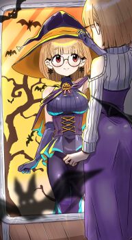 1girl ass bat_(animal) detesu dress halloween halloween_costume hat looking_at_mirror mirror original purple_dress witch witch_hat