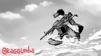 Rule 34 | 1boy, assault rifle, black hair, chainsaw man, collared shirt, dithered background, facing to the side, formal clothes, greyscale, gun, gun devil (chainsaw man), halftone, handgun, hayakawa aki, jacket, monochrome, parted lips, raggumba, rifle, shirt, short hair, smile, smoke, solo, spot color, suit, suit jacket, twitter username, weapon