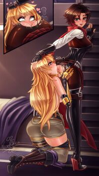 2girls anilingus anus ass black_eyes blonde_hair blush brown_eyes clothed_sex clothes from_behind grabbing_another's_ass grabbing_from_behind groping hand_on_another's_head heart heart-shaped_pupils highres incest licking long_hair mechanical_arms medium_hair multiple_girls nenerhea open_mouth rolling_eyes ruby_rose rwby siblings sisters smile symbol-shaped_pupils tongue tongue_out torn_clothes uncensored yang_xiao_long yuri