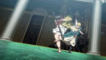 1boy 1girl alibaba_saluja animated animated_gif armor black_hair blonde_hair breasts censored cleavage convenient_censoring crowd dagger embarrassed dreadlocks headband knife large_breasts lowres magi_the_labyrinth_of_magic magi_the_magic_kingdom censored_nipples shield sideboob subtitled sword toto_(magi) tripping undressing wardrobe_malfunction weapon