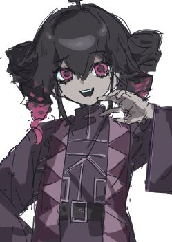 Rule 34 | 1girl, ahoge, belt, black belt, black hair, black robe, double-parted bangs, drill hair, hair between eyes, hashtag-only commentary, highres, kasane teto, multicolored hair, nymphoides111, open mouth, pink eyes, pink hair, q&amp;a (utau), robe, teeth, twin drills, two-tone hair, upper body, upper teeth only, utau, white background, wide sleeves