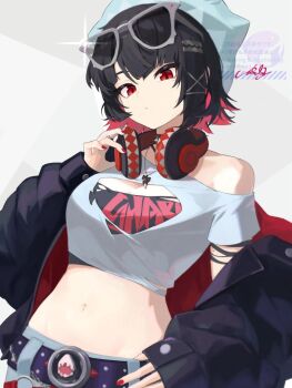 1girl adjusting_headphones alternate_costume beanie belt black_hair black_jacket black_tube_top blue_hat breast_cutout breasts cleavage_cutout closed_mouth clothing_cutout colored_inner_hair commentary_request crop_top ellen_joe eyewear_on_head grey_background hand_on_own_hip hat headphones headphones_around_neck jacket large_breasts looking_at_viewer midriff mole mole_under_eye multicolored_hair navel open_clothes razor_blade_hair_ornament red_eyes red_nails shark_girl shirt short_hair simple_background single_bare_shoulder solo sparkle strapless sunglasses torn_clothes torn_tube_top tube_top uixy upper_body white-framed_eyewear white_background white_shirt zenless_zone_zero