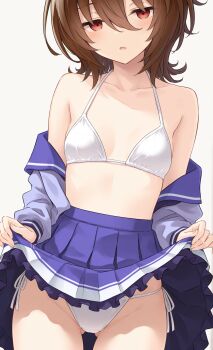1girl agnes_tachyon_(umamusume) ai-generated breasts brown_hair clothes_lift highres hpgen01 panties red_eyes school_uniform skirt skirt_lift small_breasts umamusume underwear