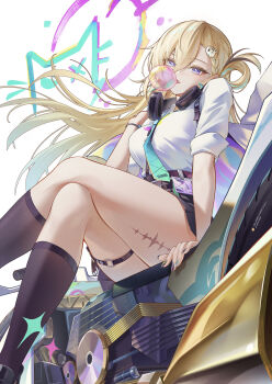 1girl absurdres aqua_necktie black_socks blonde_hair blowing_bubble_gum braid braided_bangs breasts chewing_gum chigusa7h commentary crossed_legs gyaru hair_between_eyes hair_ornament headphones headphones_around_neck highres id_card large_breasts long_hair looking_at_viewer lynae_(wuthering_waves) necktie o-ring o-ring_thigh_strap purple_eyes shirt shirt_tucked_in skull_hair_ornament socks solo tacet_mark_(wuthering_waves) thigh_strap thighs very_long_hair white_shirt wuthering_waves