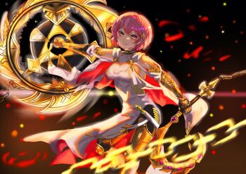 Rule 34 | 1girl, armor, bags under eyes, belt, blurry, bob cut, breasts, cape, chain, chinese commentary, choker, cinders, commentary request, depth of field, eyelashes, garcia (sword of convallaria), gauntlets, gold trim, greaves, hair ornament, hairclip, highres, holding, holding sickle, huge weapon, kusarigama, lips, looking at viewer, medium breasts, motion blur, parted lips, pink eyes, pink hair, saw blade, sickle, solo, sword of convallaria, tabard, weapon, yermacchiato