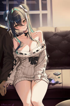 1boy 1girl absurdres aqua_eyes black_bow black_ribbon bow breasts cleavage collarbone colored_inner_hair commander_(nikke) commentary couch double_bun dress english_commentary goddess_of_victory:_nikke grey_sweater hair_bun hair_intakes highres jacket little_mermaid_(beautiful_bubble)_(nikke) little_mermaid_(nikke) macabro medium_breasts military_jacket military_uniform multicolored_hair off-shoulder_sweater off_shoulder official_alternate_costume official_alternate_hairstyle ribbed_dress ribbon sitting smile sweater sweater_dress yellow_eyes