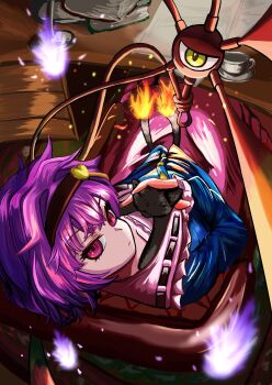 1girl absurdres black_hairband book cat closed_mouth commentary cup from_above hairband heart highres indoors kaenbyou_rin kaenbyou_rin_(cat) komeiji_satori long_sleeves looking_at_viewer messy_hair osakana16120335 pink_eyes pink_skirt sitting skirt teacup third_eye touhou