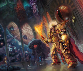 1girl 6+boys adeptus_astartes adeptus_custodes armor aura bald banner battle battle_standard black_armor blonde_hair blue_hair breastplate breasts cape chaos_(warhammer) chaos_space_marine clawed_gauntlets cleavage closed_mouth colored_sclera colored_skin commentary confrontation corpse crucifixion dark_aura death demon demon_horns divine_being divine_entity emperor's_sword emperor_of_mankind energy engine english_commentary extra_eyes extra_horns extra_teeth eyes_of_horus_(warhammer_40k) fake_horns father_and_son feathered_wings feathers fire flaming_sword flaming_weapon full_armor fur_trim gauntlets gem glowing glowing_eyes gold_armor green_skin guardian_spear halo helm helmet highres holding holding_mace holding_polearm holding_sword holding_weapon horned_helmet horns horus_lupercal impaled imperial_aquila jeff_porter khorne large_breasts laurel_crown laurels long_hair looking_at_another looking_down mace multiple_boys nude nurgle open_mouth ornate ornate_armor pauldrons pelt pink_skin planet polearm power_armor primarch purity_seal red_cape red_eyes red_gemstone red_sclera rotting sanguinius sharp_teeth shoulder_armor siblings sign_of_khorne skull slaanesh slit_pupils sons_of_horus space spacecraft spiked_armor spikes sword teeth tentacles terminator_armor throne throne_room tube tzeentch war_banner warhammer_40k wax_seal weapon white_hair white_wings wings