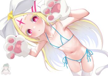 2girls :o animal_hands bikini blonde_hair cat_tail fake_tail flat_chest gloves highres loli long_hair looking_at_viewer mahou_shoujo_ni_akogarete micro_bikini momendoufu morino_korisu multiple_girls navel nero_alice paw_gloves red_eyes side-tie_bikini_bottom solo_focus swimsuit tail white_gloves