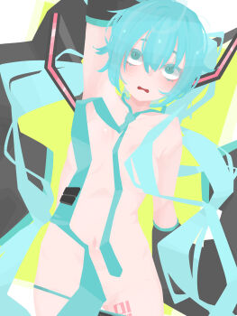 1girl absurdres ahoge aqua_eyes aqua_hair aqua_necktie arm_at_side arm_up black_panties black_sleeves blush border breasts breasts_apart collarbone colored_eyelashes commentary_request convenient_censoring covered_pussy cowboy_shot detached_sleeves dot_nose double-parted_bangs facing_viewer green_background hair_between_eyes hair_ornament hara_id_21 hatsune_miku highres leg_tattoo long_hair looking_up navel necktie no_lineart nude number_tattoo open_mouth outside_border panties panty_pull peanut_mouth simple_background small_breasts solo standing straight-on tattoo tie_clip topless_female twintails underwear very_long_hair very_long_sleeves vocaloid white_border