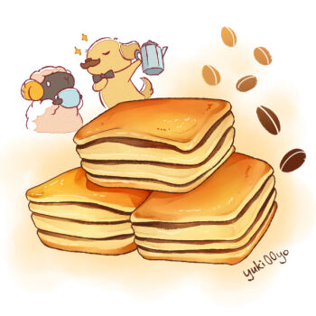 0_0 animal arm_up artist_name black_bow black_bowtie bow bowtie chibi chibi_inset closed_eyes coffee_beans coffee_pot cup dessert dog dog_(yuki00yo) facial_hair food food_focus hand_on_own_chest hand_up holding holding_coffee_pot holding_cup looking_at_another mug mustache no_humans orange_background original outstretched_arm sheep sheep_(yuki00yo) signature sparkle traditional_bowtie u_u white_eyes yuki00yo