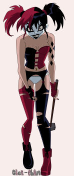 1girl absurdres black_hair dc_comics fingerless_gloves frilled_panties frills garter_belt garter_straps glee-chan gloves hammer harley_quinn highres holding holding_hammer justice_league:_gods_and_monsters non-web_source panties red_hair short_twintails smile twintails underwear white_panties