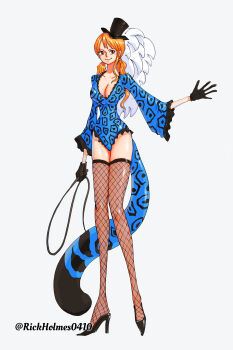 alternate_costume alternate_hairstyle animal_print artist_name blue_leotard breasts brown_eyes cat_tail cleavage fishnet_thighhighs fishnets gloves hat high_heels leopard_print leotard long_sleeves nami_(one_piece) official_alternate_costume official_alternate_hairstyle one_piece one_piece_film:_gold orange_hair print_leotard rickholmes0410 sleeved_leotard smile tail thighhighs twintails twitter_username whip