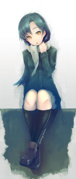 1girl bad_id bad_pixiv_id blue_hair female_focus idolmaster idolmaster_(classic) jacket kimera kisaragi_chihaya kneehighs long_hair open_mouth scarf sitting skirt socks solo yellow_eyes