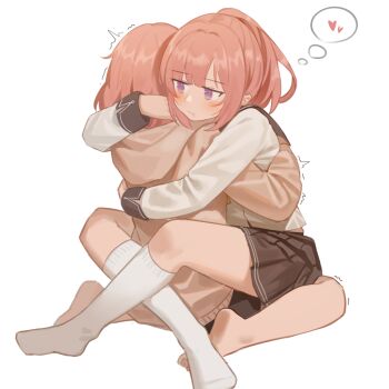 2girls :t amaori_haruna amaori_renako barefoot commentary_request heart hood hoodie hug incest kneehighs leg_lock milktea_(gggrrr2000) multiple_girls no_shoes pink_hair ponytail purple_eyes sailor_collar school_uniform serafuku shirt short_hair siblings simple_background sisters skirt socks speech_bubble spoken_heart straddling thought_bubble trembling upright_straddle watashi_ga_koibito_ni_nareru_wake_naijan_murimuri! white_background white_shirt white_socks yuri