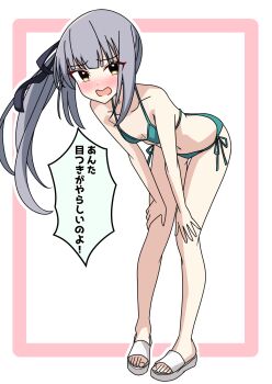 1girl aqua_bikini bikini black_ribbon blush breasts brown_eyes collarbone commentary_request embarrassed full_body grey_hair hair_ribbon highres kantai_collection kasumi_(kancolle) kasumi_kai_ni_(kancolle) long_hair looking_at_viewer motti_(motthi0711) navel nose_blush open_mouth ribbon sandals side-tie_bikini_bottom side_ponytail small_breasts swimsuit white_background