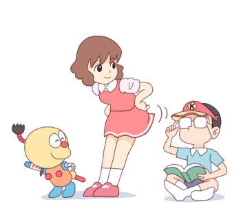 1girl 2boys adjusting_eyewear black_eyes black_hair black_shorts blue_shirt book brown_hair closed_eyes dress hands_on_own_hips hat holding holding_book katana kite_eiichi kiteretsu_daihyakka kiyo_(kyokyo1220) korosuke leaning_forward looking_back mary_janes multiple_boys nonohana_miyoko panties red_dress red_shoes robot school_uniform sheath shirt shoes short_hair short_sleeves shorts sleeveless sleeveless_dress smile socks standing sword topknot underwear visor_cap weapon white_background white_panties white_shirt white_socks yellow_hat