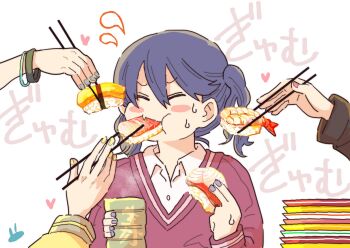 Rule 34 | aoneko-shi, aqua nails, artist request, bracelet, chopsticks, closed eyes, commentary request, cup, eating, feeding, fish (food), food, fukumaru koito, hair between eyes, highres, holding, holding cup, idolmaster, idolmaster shiny colors, jewelry, long sleeves, nigirizushi, omelet, pink nails, plate, plate stack, purple nails, purple sweater, shrimp, sushi, sweater, translation request, v-neck, white background, yellow nails