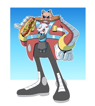 1boy 1girl absurdres bald blush bow carrying child dr._eggman dress facial_hair father_and_daughter food highres juice juice_box mustache petite sage_(sonic) sandwich sega sonic_(series) sonic_frontiers sonic_unleashed sunglasses thenovika white_hair
