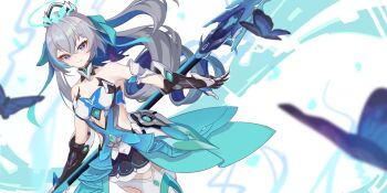 1girl armor armored_dress bare_shoulders blue_dress breasts bronya_zaychik bronya_zaychik_(herrscher_of_truth) bug butterfly chinese_commentary cleavage commentary_request dress drill_hair gloves grey_eyes grey_hair halo highres holding holding_polearm holding_weapon honkai_(series) honkai_impact_3rd insect long_hair polearm siro_jun small_breasts smile solo thighhighs very_long_hair weapon white_background white_gloves white_thighhighs