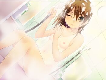 Rule 34 | 1girl, bath, bathroom, bishoujo (game), breasts, brown eyes, brown hair, completely nude, dutch angle, flat chest, game cg, navel, nipples, nonohara miki, nude, one-piece tan, one eye closed, short hair, shower head, showering, sitting, small breasts, solo, tan, tanline, watase tamaki, wet