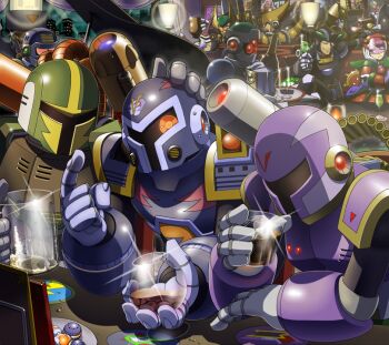 1girl android armor beer_mug cannon commentary_request cup double_(mega_man) drinking_glass dynamo_(mega_man) helmet ice ice_cube male_focus mega_man_(series) mega_man_x1 mega_man_x3 mega_man_x4 mega_man_x8 mega_man_x:_command_mission mega_man_x_(series) mega_man_xtreme mug multiple_boys napo refflesian_(mega_man) robot shadow_(mega_man) shoulder_cannon time_paradox vile_(mega_man) vile_mkii_(mega_man) vile_v_(mega_man) weapon