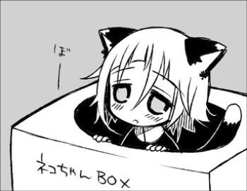 1other ambiguous_gender animal_ears animated animated_gif blush box cat_ears cat_tail closed_eyes crona_(soul_eater) grey_background hammer happy in_box in_container kemonomimi_mode lowres monochrome peeking_out simple_background smile soul_eater tail tearing_up whac-a-mole