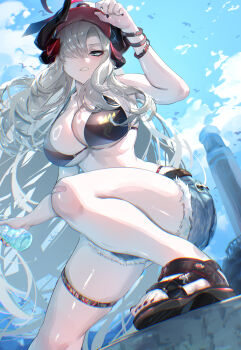 1girl absurdres adjusting_clothes adjusting_headwear arm_up bandaid bandaid_on_knee bandaid_on_leg bare_shoulders beach bikini bikini_top_only black_bikini black_horns black_nails blue_archive blue_eyes bottle bracelet breasts chromatic_aberration cleavage cloud collarbone commentary_request day denim denim_shorts dutch_angle feet floating_hair hair_between_eyes hair_over_one_eye halo hat highres holding holding_bottle horns jewelry large_breasts lighthouse long_hair looking_at_viewer makoto_(blue_archive) micro_shorts nail_polish ocean outdoors parted_lips plastic_bottle red_hat sandals short_shorts shorts sky solo sunnysideup swimsuit teeth thigh_strap toenail_polish toenails toes underboob very_long_hair white_hair