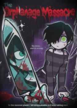 1boy 1girl bags_under_eyes black_hair blood blood_on_clothes blood_on_face commentary english_commentary english_text green_eyes hair_over_one_eye highres original suckillpak