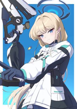 1girl absurdres blonde_hair blue_archive blue_eyes blue_gloves blue_halo blush closed_mouth commentary dual_wielding frywolny_27 gloves gun halo highres holding holding_gun holding_weapon jacket official_alternate_costume smile solo toki_(armed)_(blue_archive) toki_(blue_archive) weapon white_jacket