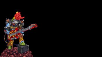 Rule 34 | 1boy, amplifier, animal print, animated, animated gif, armor, commentary, electric guitar, english commentary, fire, flamethrower, full armor, guitar, holding, holding guitar, holding instrument, instrument, leopard print, music, noise marines, pile of skulls, pixel art, playing guitar, playing instrument, power armor, simple background, skull, solo, steel joe, warhammer 40k, weapon, white background