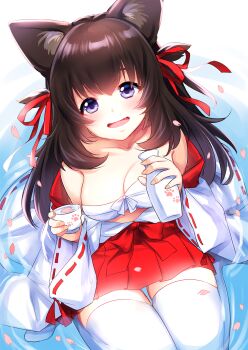 1girl 2018 alcohol animal_ear_fluff animal_ears blush bottle bow breasts brown_hair chest_sarashi collarbone commentary_request cup dog_ears fang from_above full_body hair_between_eyes hair_bow hair_flaps hair_ribbon hakama hakama_skirt happy_new_year highres holding holding_bottle holding_cup in_water japanese_clothes kimono long_hair long_sleeves looking_at_viewer medium_breasts miko motohara_moka new_year open_mouth original paw_print paw_print_pattern pleated_skirt purple_eyes red_bow red_ribbon red_skirt ribbon sarashi sidelocks sitting skindentation skirt solo water white_background white_kimono wide_sleeves