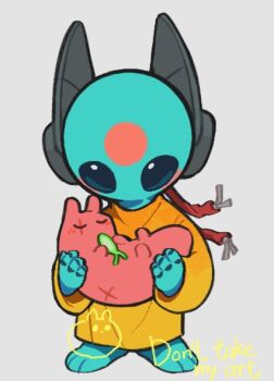 1girl androgynous blue_eyes blue_skin cable chibi closed_eyes colored_skin creature facial_mark forehead_mark full_body holding humanoid_robot hunter_(rain_world) iterator_(rain_world) izz_owooo joints looks_to_the_moon neuron_fly_(rain_world) no_humans no_mouth no_nose rain_world robe robot robot_ears robot_joints scar scar_across_eye scar_on_face scar_on_hip slugcat spleeping yellow_robe